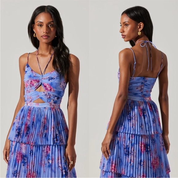 New ASTR Daytona Purple Floral Print Pleated Tiered Halter Maxi Dress Size XL - Picture 2 of 8